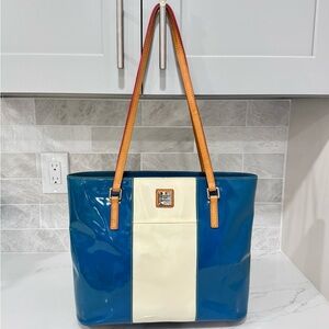 Dooney & Bourke Lexington Patent Leather Tote Blue & Cream Colorblock GUC